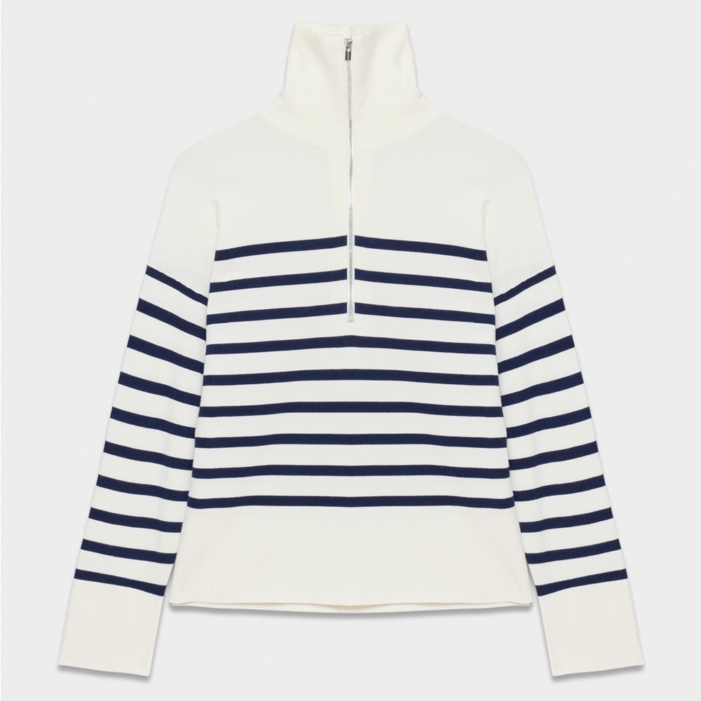 Babaton Aritzia Merino Wool Striped Half Zip Sweater Small Navy Cream
